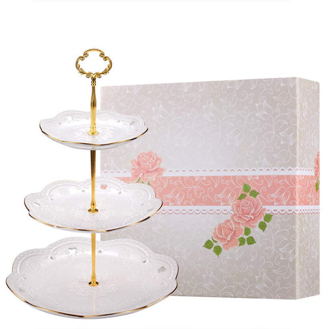 BonNoces 3-Tier Porcelain Embossed Cupcake Stand - Pure White Rimmed with Gold Dessert Cake Stand - Pastry Serving Tray Platter for Tea Party, Wedding and Birthday
