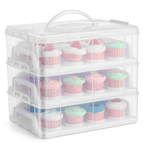 Flexzion Cupcake Carrier Holder Container Box (36 Slot, 3 Tier) - 36 Cupcakes Slot or 3 Large Cakes Pastry Clear Plastic Storage Basket Taker Courier with 3 Tier Stackable Layer Insert (Clear)