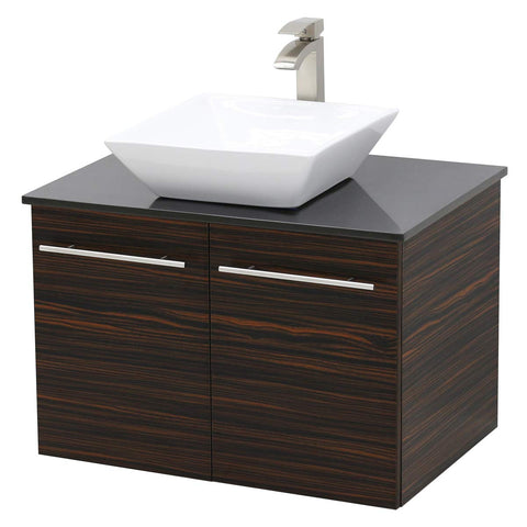 WindBay Wall Mount Floating Bathroom Vanity Sink Set. Ebony Vanity, Black Flat Stone Countertop Ceramic Sink - 30"