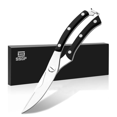 Kitchen Scissors and Poultry Shears - Heavy Duty Stainless Steel - Spring Loaded Shears - Sharp Blade - Safety Clip - Rust Free - Comfortable Handle - Great for Fish, Chicken, Beef, BBQ & Plastic