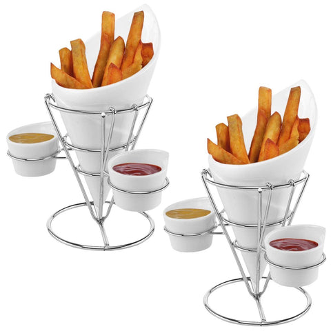 Gibson (2 Pack) Ceramic French Fry Holder & Ketchup Cups Set, Fries Cone Basket Stand & Sauce Serving