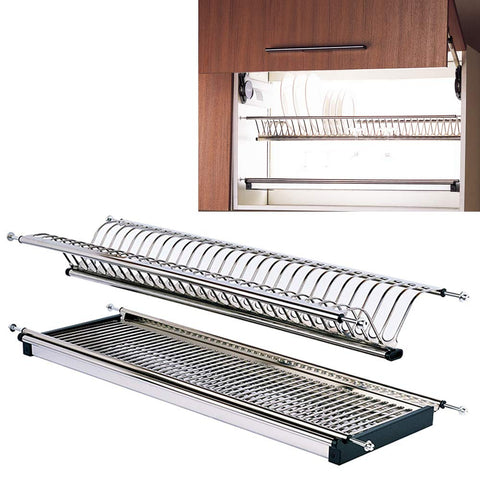 Modern 2-Tier Stainless Steel Folding Dish Drying Dryer Rack 700mm(28") Drainer Plate Bowl Storage Organizer Holder for Cabinet Width 660mm(26")-675mm(26.6")