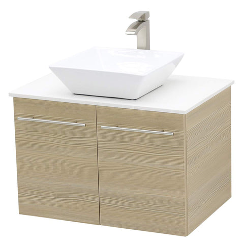 WindBay Wall Mount Floating Bathroom Vanity Sink Set. Tan Vanity, White Flat Stone Countertop Ceramic Sink - 36"