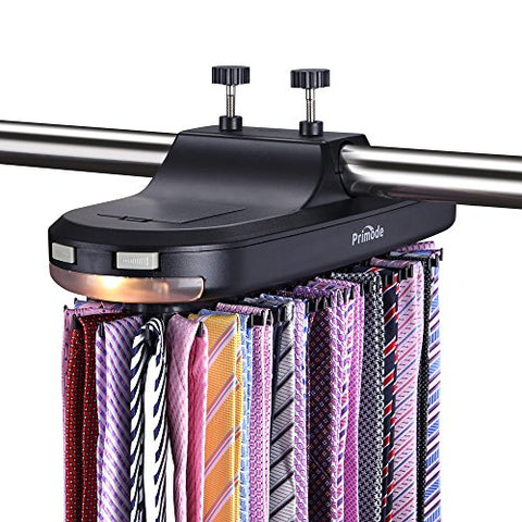 Primode Motorized Tie Rack with LED Lights – Closet Organizer, Stores & Displays Up to 64 Ties Or Belts, Rotation operates with Batteries. Great Gift Idea (Black)