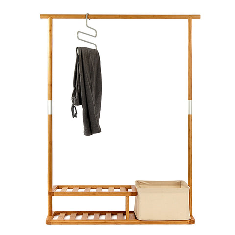 Segarty Garment Rack, Heavy Duty Bamboo Clothes Rack with 2 Tier Shoe Shelves and Laundry Basket, Commercial Hanger Drying Racks for Jacket Coat Dress Bags in Entryway and Bedroom, Natural Color