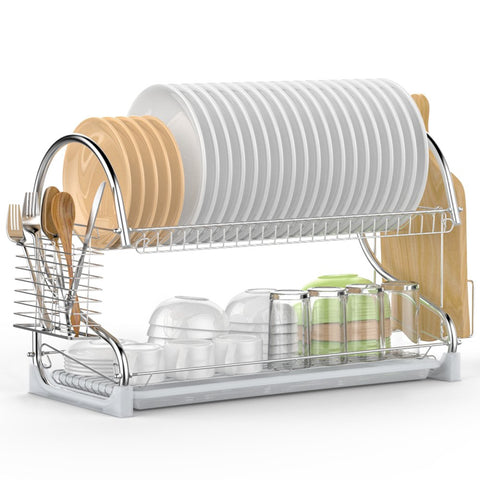 Dish Drying Rack, iSPECLE 2 Tier Dish Rack with Utensil Holder, Cutting Board Holder and Dish Drainer for Kitchen Counter Top, Plated Chrome Dish Dryer Silver 22.0 X 9.7 X 14.6 inch