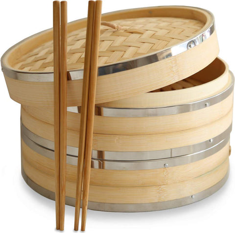 10 Inch Premium Organic Bamboo Steamer Basket by Harcas. Large 2-Tier with Lid. Strong and Durable with Reinforced Stainless-Steel Bands. Best for Dim Sum, Vegetables, Meat and Fish. Hand Made
