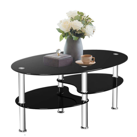 TANGKULA Glass Coffee Table, Modern Furniture Decor 2-Tier Modern Oval Smooth Glass Tea Table End Table for Home Office with 2 Tier Tempered Glass Boards & Sturdy Chrome Plated Legs
