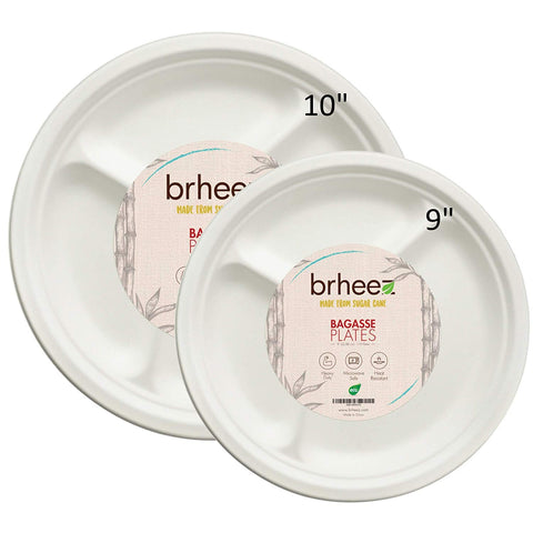 Brheez 10 inch Heavy Duty 3 Compartment Plates 100% Natural Sugarcane Biodegradable Compostable Bagasse, Eco-friendly paper alternative - Pack of 110