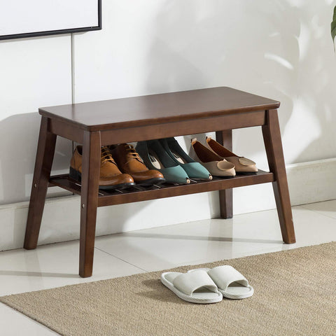 Shoes Rack Bench NNEWVANTE Free Standing Wearing Shoes Bench Storage Shelf Side End Table for Entryway Bathroom Living Room Pure Wood 23.6inch Walnut