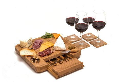 Bamboo Cheese Board Set with Cutlery and Wine Coasters (9-Piece Set) Serve Meat, Cheeses, Crackers | 4 Stainless-Steel Cutting & Serving Knives | Slide-Out Drawer | Includes 4 Wine Coasters