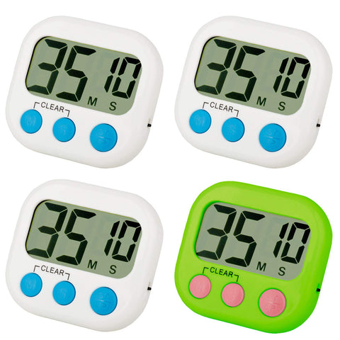 Digital Kitchen Timer UPGRADE 4 Pack Digital Electronic Big Digits Loud Alarm, Magnetic Backing with Large LCD Display for Cooking Baking Sports Games Office (3 White & 1 Green)