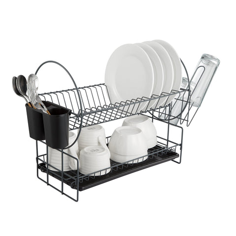 2 Tier Dish Drying Rack Kitchen Organizer with Drain Board, Gray Painted Steel, Naturous
