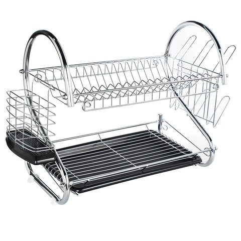 UTOKIA Kitchen Stainless Steel 2-Tier Dish Rack with Drainboard,Utensil, Knife, 3 Cup Holder, Cutting Board Attachment, Large Silver