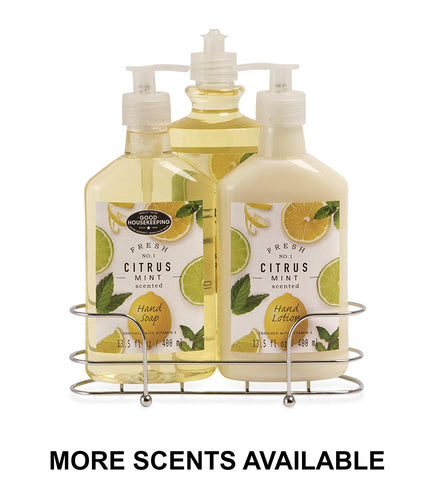 Liquid Soap & Lotion Kitchen Caddy: Tri Coastal Design Silver Wire Sink Basket Set - Citrus Mint Dish Soap, Hand Soap, and Lotion - 13.5 Fluid Ounces