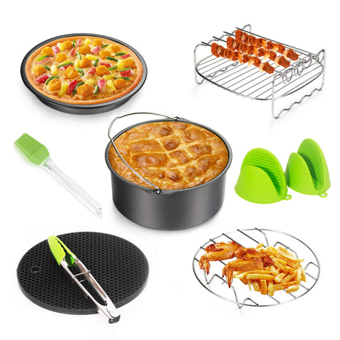 Air Fryer Accessories 8pcs for Gowise Phillips Cozyna Ninja All Standard Air Fryer(3.7QT-5.3QT)with Cake Barrel,Pizza Pan,Metal Holder,Skewer Rack,Silicone Mat,Silicone Brush,Food Tongs,Oven Mitts(Black)