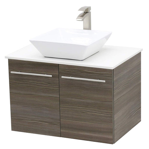 WindBay Wall Mount Floating Bathroom Vanity Sink Set. Taupe Grey Vanity, White Flat Stone Countertop Ceramic Sink - 30"