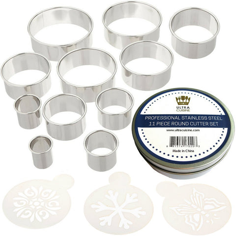 Ultra Cuisine Round Cookie Biscuit Cutter Set - 11 Graduated Circle Pastry Cutters for Donut and Scone Heavy Duty Commercial Quality 100% Stainless Steel Metal Ring Baking Molds with 3 Cookie Stencils
