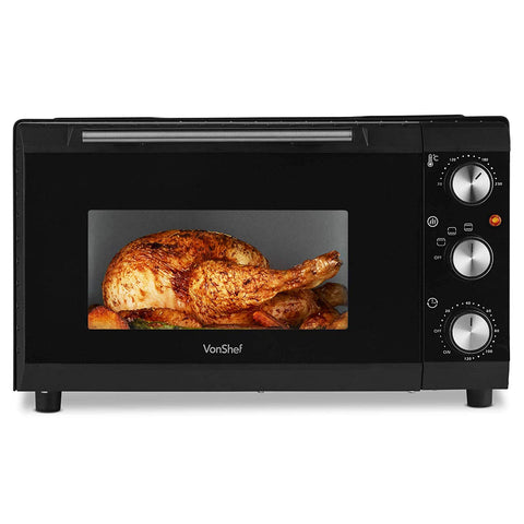 VonShef 220 240 Volts Black Mini Toaster Oven For Countertop & Grill 1400W with Baking Tray & Wire Rack | Bundled W/Dynastar Plug Adapters | 220v 240v (NOT FOR USA)