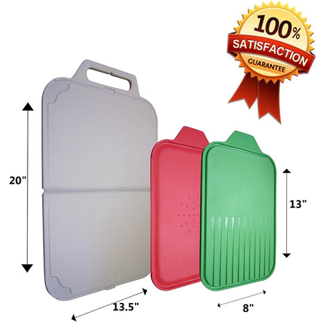 ChefsN'cooks&trade; Briefcase Style Plastic Kitchen Cutting Board Set-1 Extra Large (White) Butcher Block. Non-Slip, + 2 Clip On Mats, (Green/Red) - Home, Travel & Camping Use -
