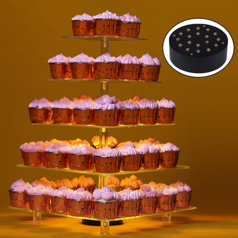 Sumerflos 5-Tier Square Cupcake Stand with Lights - Acrylic Cake Tree Tower - Wedding, Party and Baby Shower Cupcake Display Stand (5-Tier-Square)