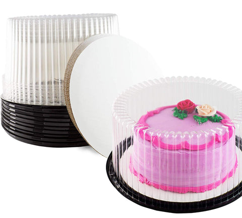 Plastic Cake Container & Board Set By Chefible: Extra-Strong Transparent Round 10" Bakery Display/Storage Boxes With Base, Tall Dome Lid & Honeycomb Design + Sturdy 10" Corrugated White Circles
