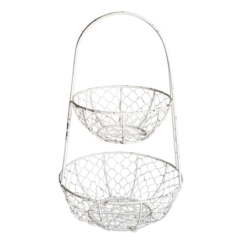 DII Z01923 Vintage Metal Chicken Wire 2 Tier Fruit And Vegetable Standing Storage Basket, Antique White