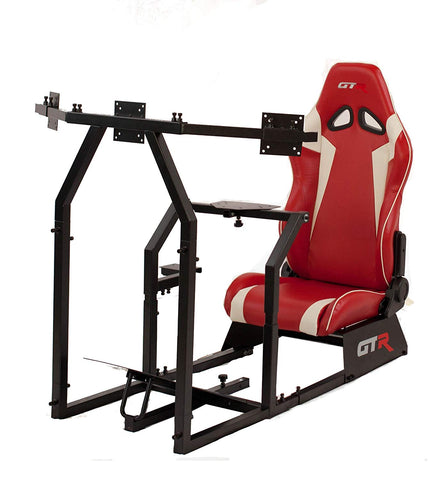 GTR Simulator GTAF-BLK-S105LRDWHT - GTA-F Model (Black) Triple or Single Monitor Stand with Red/White Adjustable Leatherette Seat, Racing Simulator Cockpit Gaming Chair Single Monitor Stand