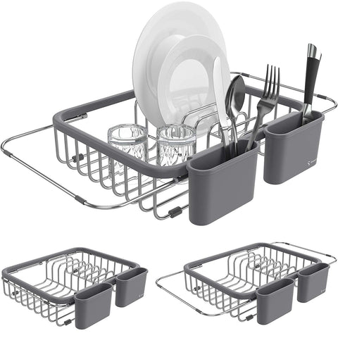 Shanik Expandable Draining Dish Rack - Over-Sink Dish Drainer, Sponge Rack with Two Utensil Holders. Sit in Sink or On Counter. 14 inches to 20.4 inches.