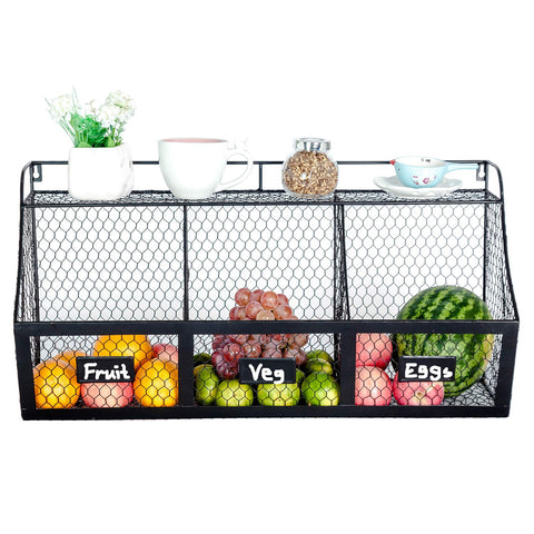 2 Tier Fruit Basket Double Hammock Kitchen Produce Storage Organizer Table Counter top Centerpiece Vegetables Rack Holder Swing Display Stand Pantry Countertop Fruits Metal Baskets Raw Rustic Brown