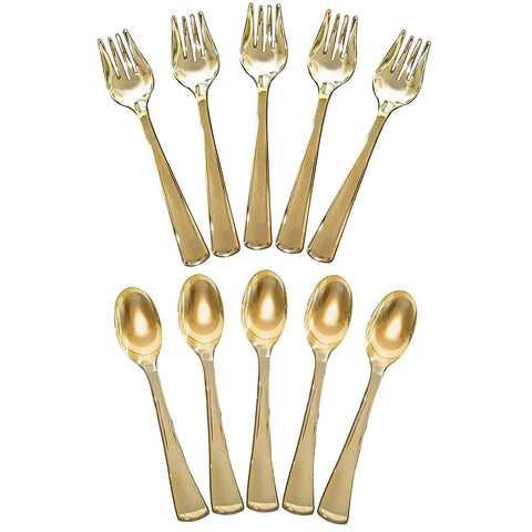 Disposable Plastic Gold Serving Utensils - Set of 5, 9 Inch Serving Spoons and 5, 9 Inch Serving forks Silverware - Perfect For weddings or elegant Parties by Upper Midland Products