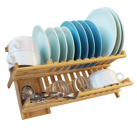 WELLAND Bamboo 2-Tier Dish Rack,19.5 x 12.5 x 9.5 inches Drying Full-Size Dinner Plates Folding Holder Utensil Drainer
