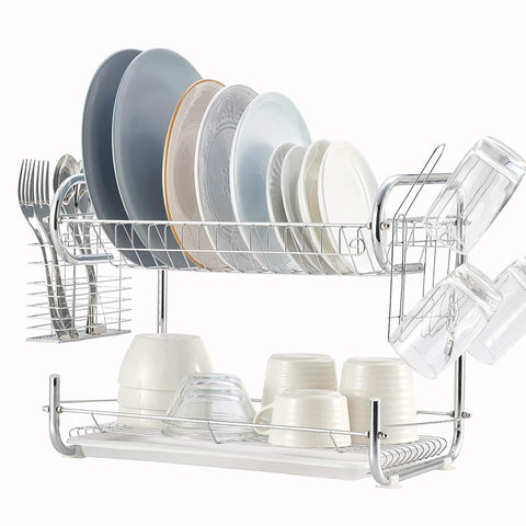 2 Tier Dish Drying Rack Kitchen Organizer with Drain Board, Chrome Finished Steel, Naturous