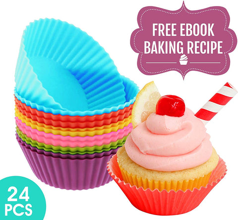 ★ Premium Silicone Baking Cup ★ 24pcs Finest Reusable Baking Cups Muffin Molds Cupcake Liners with Recipe e-Book, Nontoxic and Nonstick, Safe for Oven Microwave Dishwasher Freezer, Six Joyous Colors