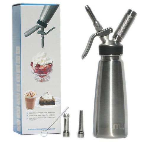 Professional Grade 1 Pint Whipped Cream Dispenser - 100% Stainless Steel Whipped Cream Maker Includes 3 Decorating Tips & Cleaning Brush