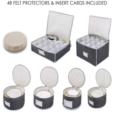 Complete Dinnerware Storage Set #1 Best Protection for Storing or Transporting Fine China Dishes Coffee Tea Cups Wine Glasses Includes 48 Felt Protectors for Plates