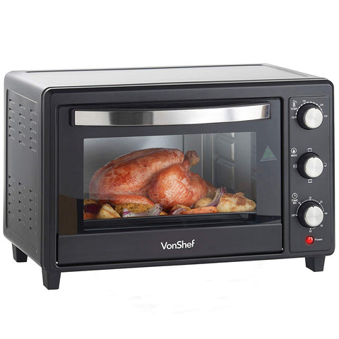 VonShef 26Qt / 30L Black Mini Countertop Toaster Mini Oven & Grill 1400W with Baking Tray & Wire Rack