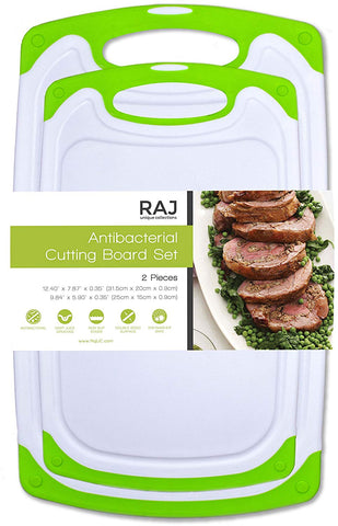 Raj Plastic Cutting Board Set of 2, Reversible Cutting board, Dishwasher Safe, Chopping Boards, Juice Groove, Large Handle, Non-Slip, BPA Free, FDA Approved, White board with Green boarder