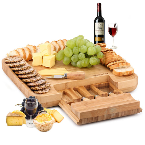 Natural Bamboo Cheese Board & Charcuterie Platter w/Hidden Drawer for Cutlery Set - Perfect Gift Idea for Birthday, Wedding, Housewarming, Mom - Serves Crackers, Meats, Fruits & Cheese