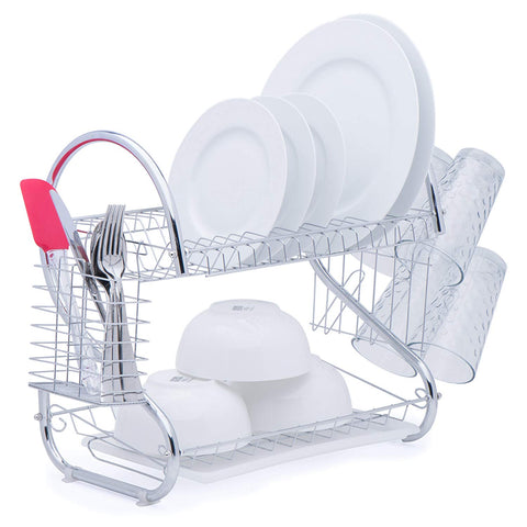 2-Tier Chrome Plated Dish Drying Rack 20"L x 10.5"W x 15.5"H with Plastic Drain Tray and Removable Utensil Holder