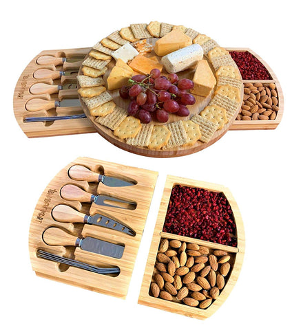 Unique gifts for Mom, Mothers, Holiday, Men Housewarming, Wedding, Birthday, Bamboo Cheese Board w/Cutlery Set, Wooden Charcuterie Platter & Meat Server, 4 Stainless Steel Knife, 2 Bowl, Drawer