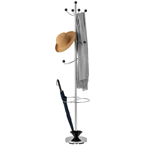 Modern Rotating 8-Hook Black & Chrome Metal Coat Rack Hanger with Umbrella Stand