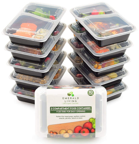 [10 pack] 2 Compartment BPA Free Meal Prep Containers. Reusable Plastic Food Storage Containers with Lids. Stackable Microwavable Freezer & Dishwasher Safe Lunch Box Container Set + EBook [30 oz]