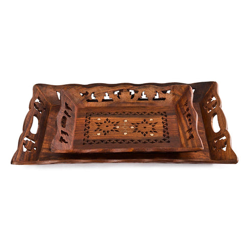 Rusticity Indian Rosewood Antique Designer Butler Serving Tray for Hot & Cold Drinks/Vintage Rustic Decorative Handmade Sheesham Food Platter for Dining Tableware & Kitchen Accessory (15 x 10 x 2 in)