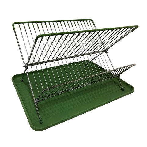 Deluxe Chrome-plated Steel Foldable X Shape 2-tier Shelf Small Dish Drainer with Drainboard and Edge protector Guard, Green, Pars Collections