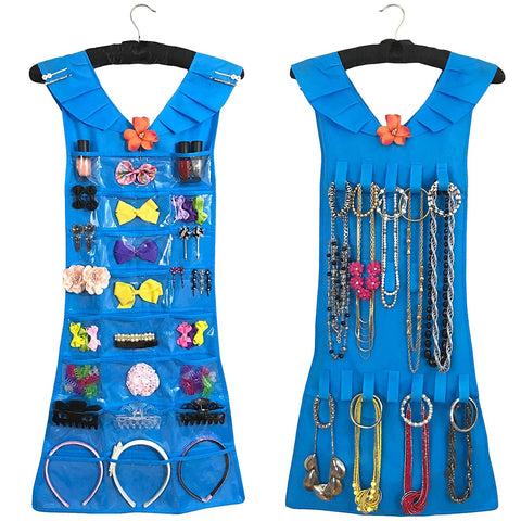 Marcus Mayfield Hanging Jewelry Organizer|Closet Storage for Jewelry-Hair Accessories-Makeup-Necklaces-Bracelets-Earrings (Black Satin Hanger, Bright Blue Dress, 27 Pockets 18 Hooks)