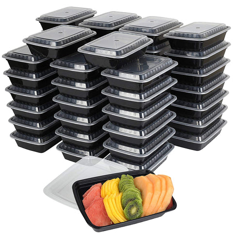 50-Pack meal prep Plastic Microwavable Food Containers for meal prepping & Tight Safety Lid Covers 28 oz. Black Rectangular Reusable Storage Lunch Boxes -BPA-Free Food Grade -Freezer & Dishwasher Safe