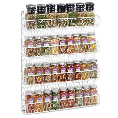 1790 Rustic Chicken Wire Spice Rack - Wall Mount Pantry Organizer - 4 Tiers White