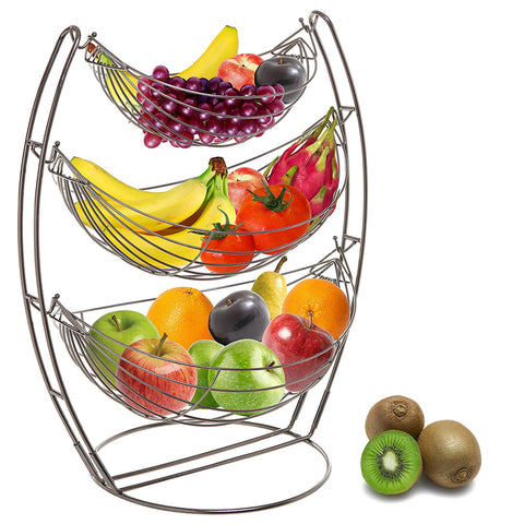3 Tier Gunmetal Gray Triple Hammock Fruit/Vegetable/Produce Metal Basket Rack Display Stand - MyGift