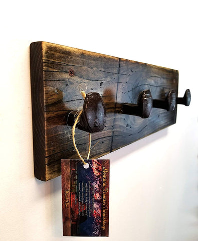 Rustic Distressed Coat and Hat Rack | 17 Inch Solid Wood Wall Mounted Rack with 4 Reclaimed Railroad Spike Hook Hangers